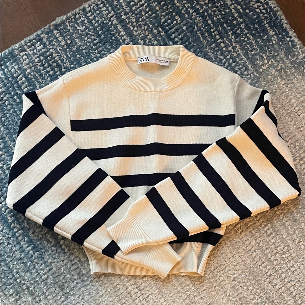 Zara Striped Crewneck Sweater in Cream and Navy (waist length)